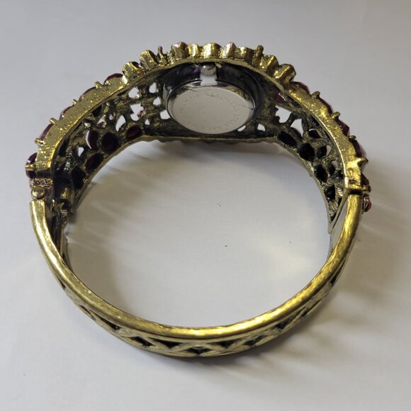 Red Floral Rhinestone Watch Cuff Band Round Face Ornate Fashion Watch - NEW ! - Picture 13 of 16